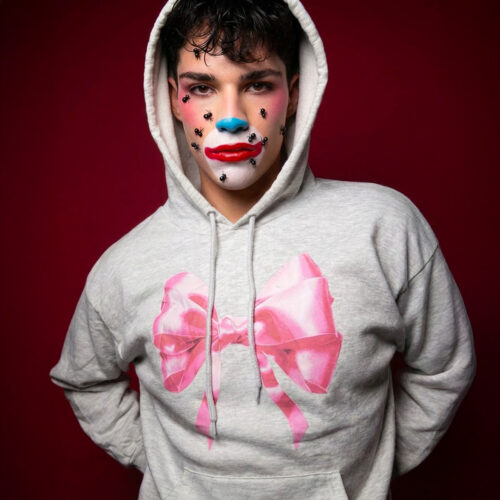 IMG_7302clown71 Hoodie Gris Con Estampado De Moño Rosa